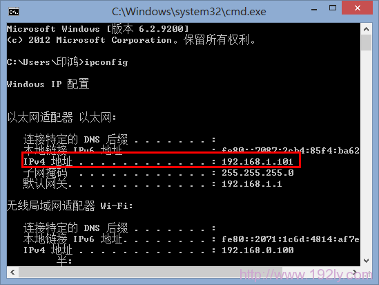 查看ipconfig命令运行结果中的ipv4地址