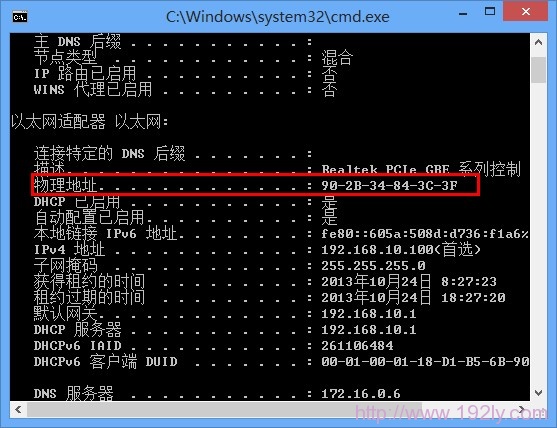 在ipconfig /all命令结果中查看MAC地址